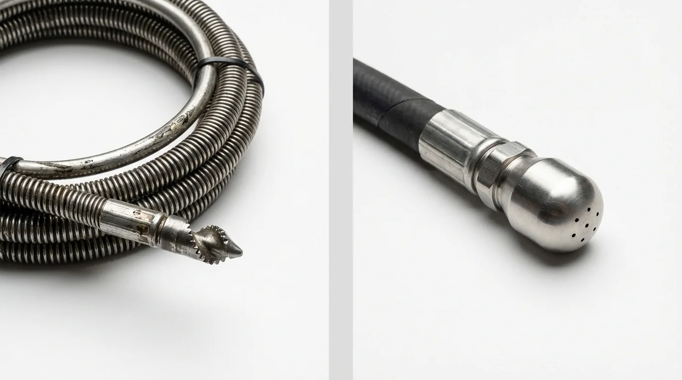 Drain snake cable and hydro jetting nozzle used for drain cleaning in Newton, AL