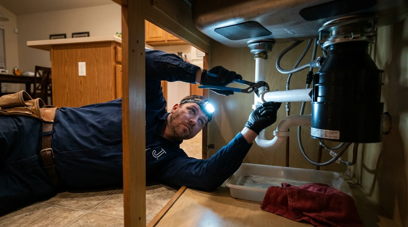 P-trap and supply line connections under a kitchen sink showing a common leak point in Newton, AL